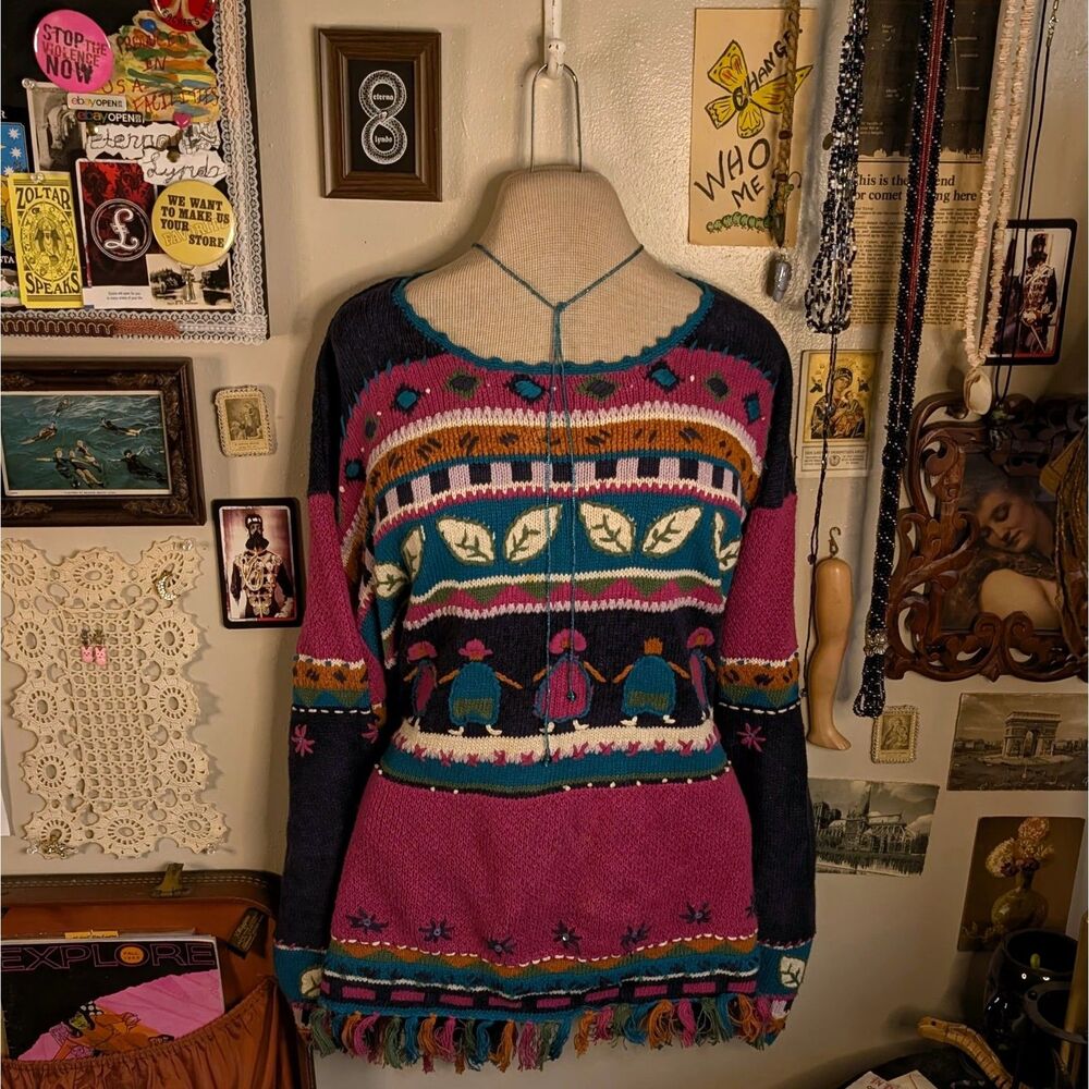 Vintage Folk Art Embroidered Sweater Women's 2XL Pink Navy Blue